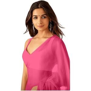 Sidhidata Womens 6 Yards Neon Pink Sheer Plain Pure Georgette Uncut Saree